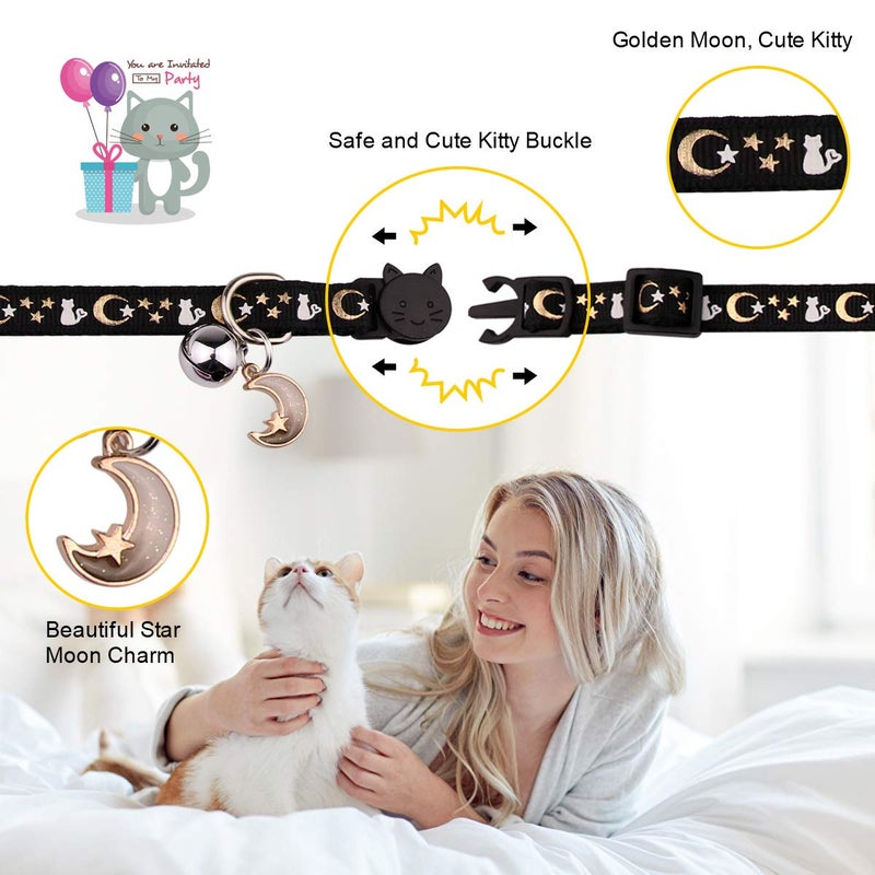 Baeuppit 2PCS Breakaway Cat Collars with Bell Moons Stars Cute Kitty Adjustable Safe Kitten Collars with Pendant Glow in The Dark(Black&Pink) - Image 4